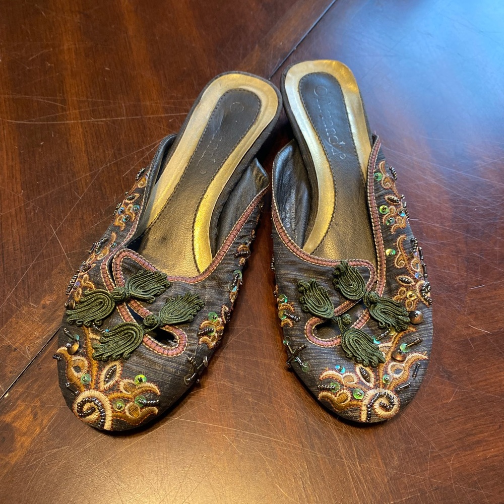 Brown Embroidered Slip-On Flats with Green Accents